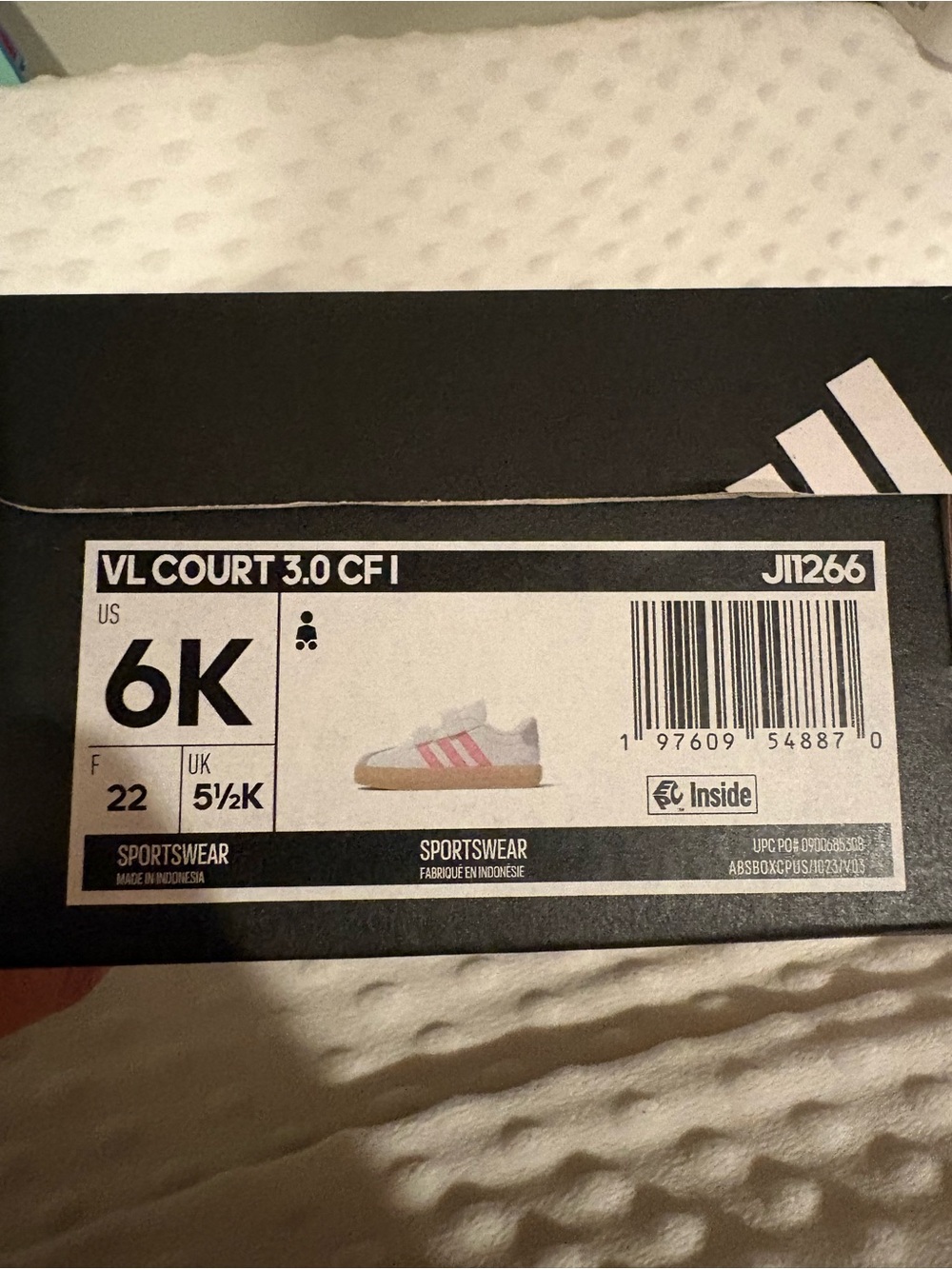 adidas Kids VL Court 3.0 CF I Sneakers White with Pink Stripe- BRAND NEW size 6T